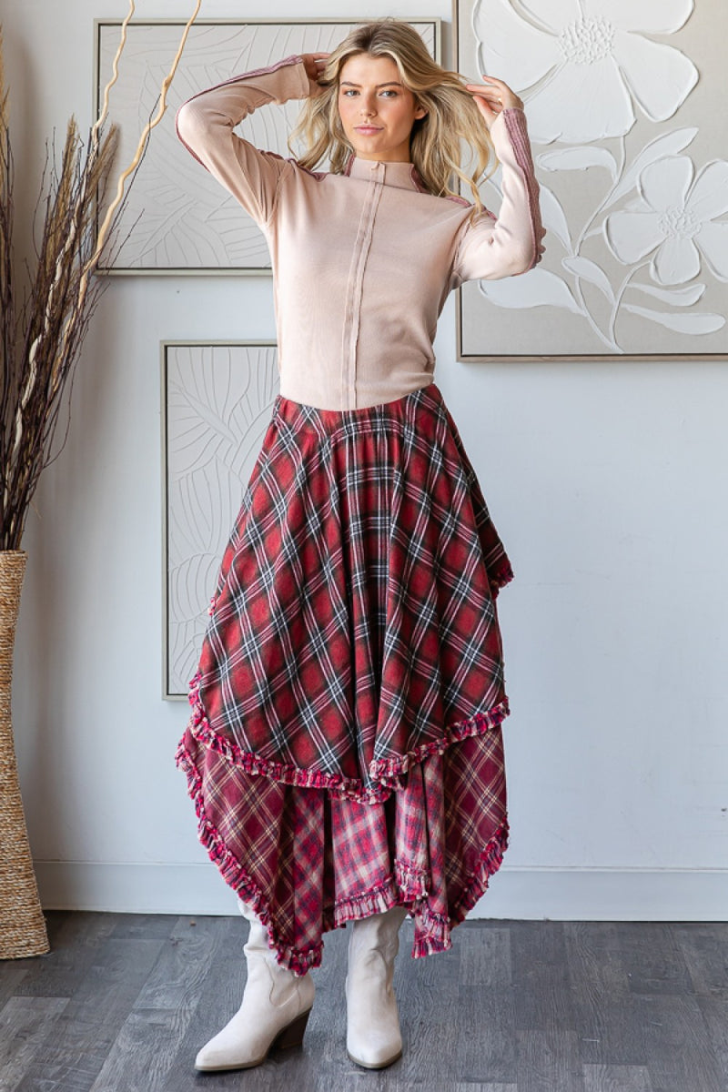 Crimson Plaid Asymmetrical Flannel Skirt