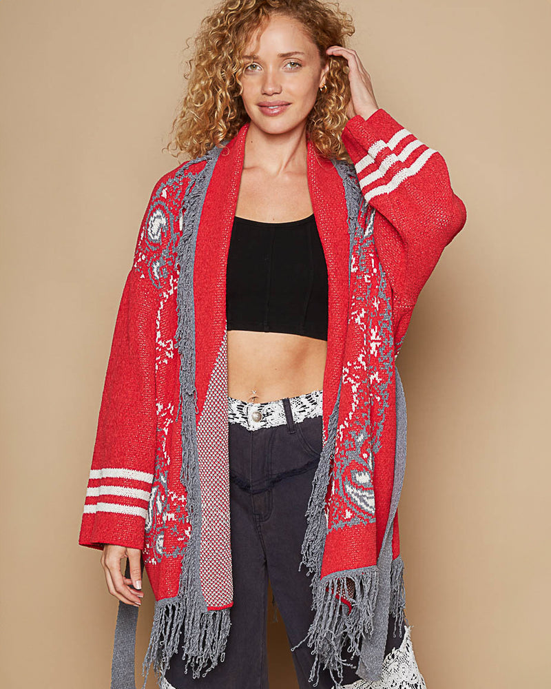 Red & Grey Shawl Collar Long Cardigan