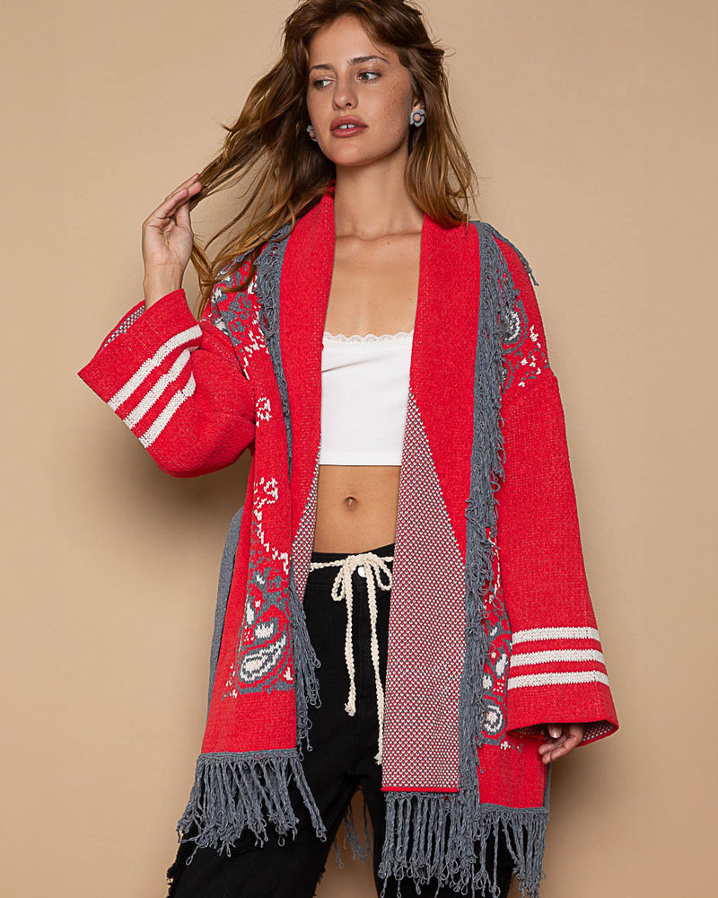 Red & Grey Shawl Collar Long Cardigan