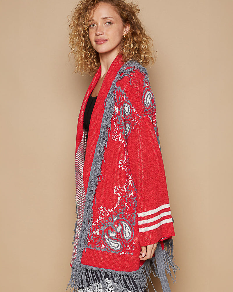 Red & Grey Shawl Collar Long Cardigan