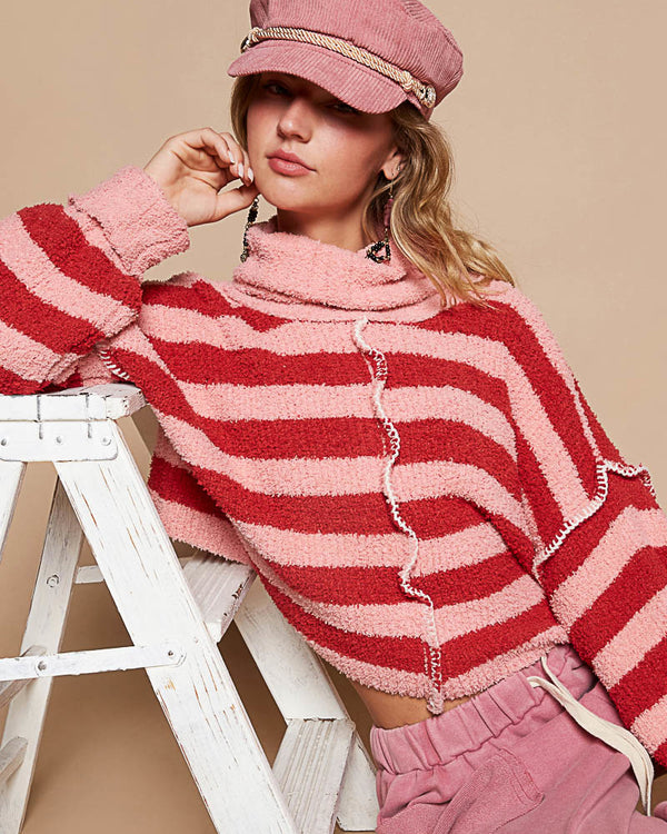 Pink & Red Chenille Roll Neck Cropped Sweater