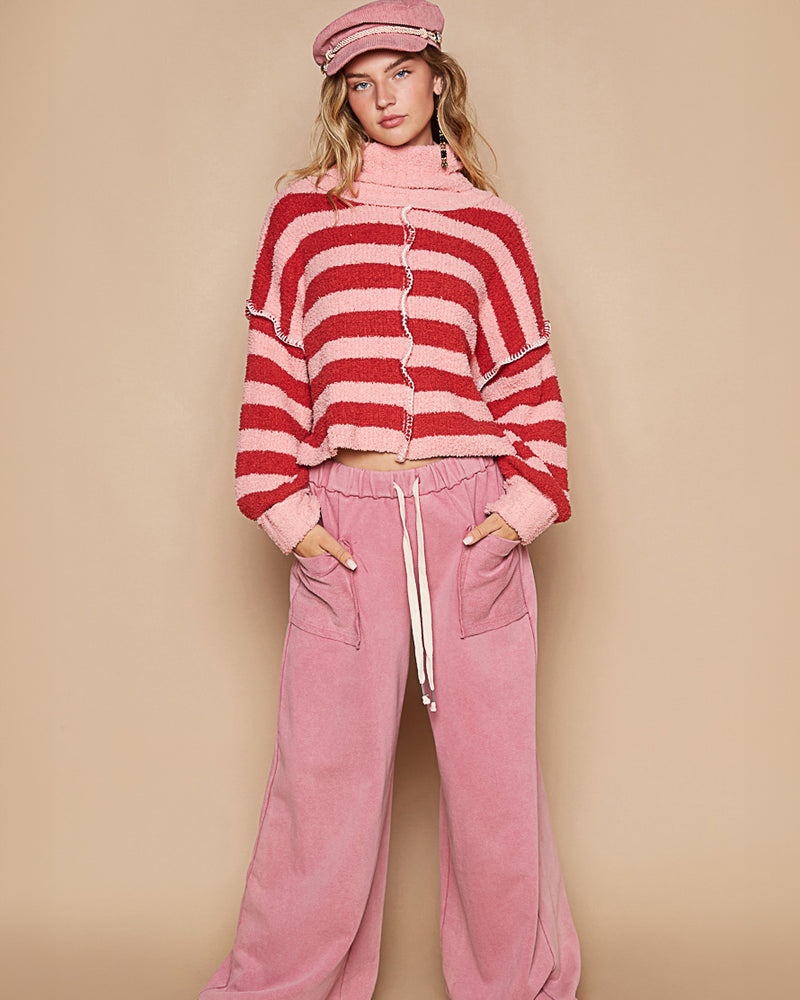 Pink & Red Chenille Roll Neck Cropped Sweater