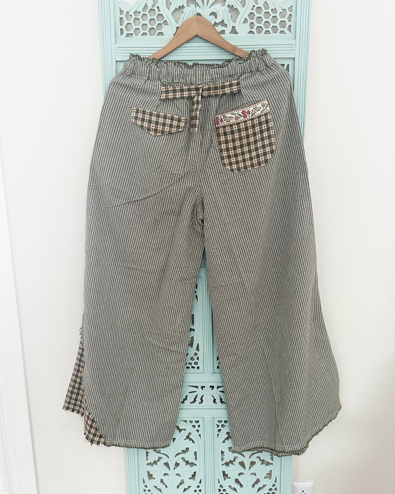 Ribbon Trim Olive Striped Wide Pants