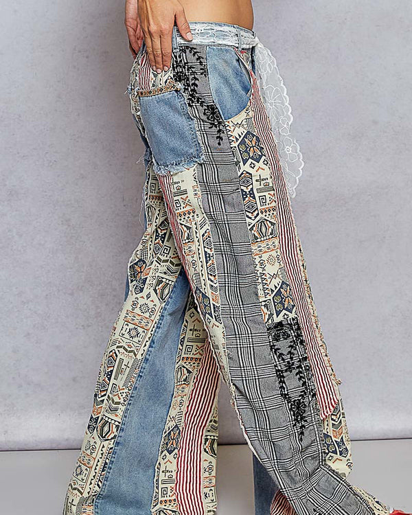 Mixed Fabric Denim Jeans