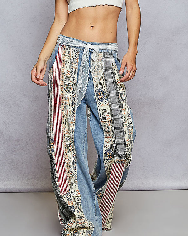 Mixed Fabric Denim Jeans