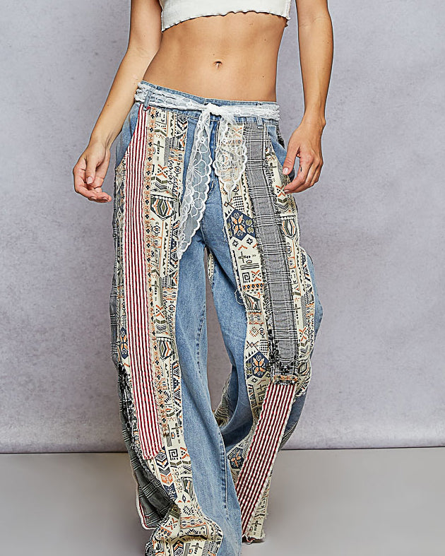 Mixed Fabric Denim Jeans