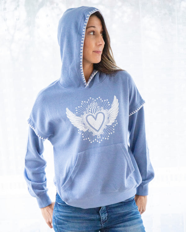 Sacred Heart ~ Blue Crochet Edge Hoodie