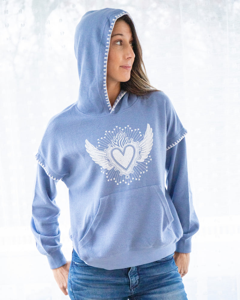 Sacred Heart ~ Blue Crochet Edge Hoodie