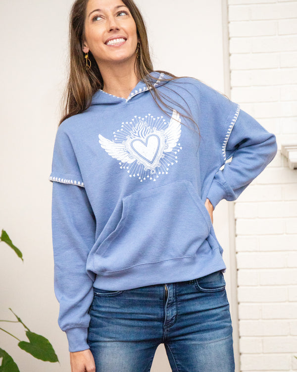 Sacred Heart ~ Blue Crochet Edge Hoodie