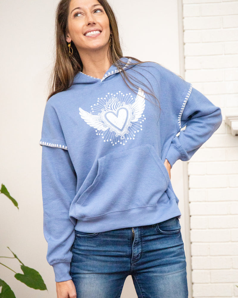 Sacred Heart ~ Blue Crochet Edge Hoodie