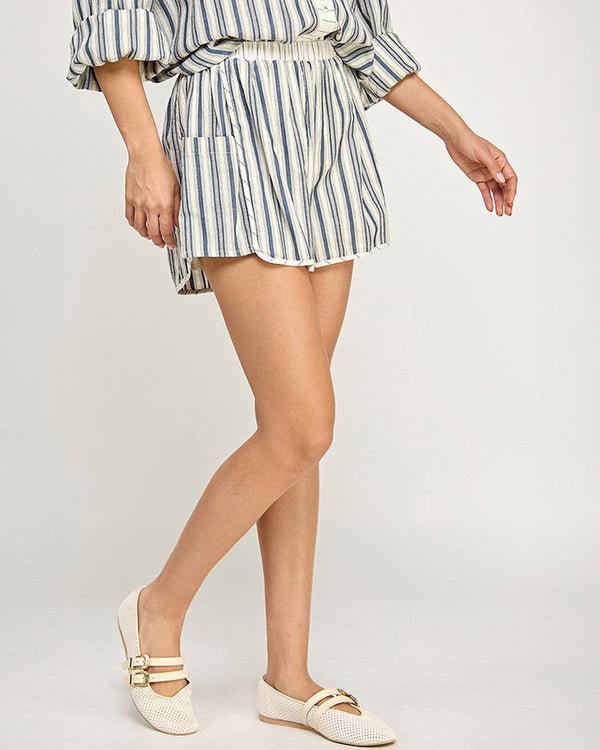 Blue & White Cotton Striped Shorts