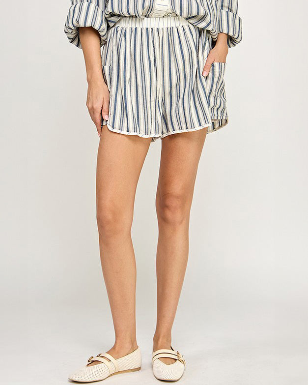 Blue & White Cotton Striped Shorts