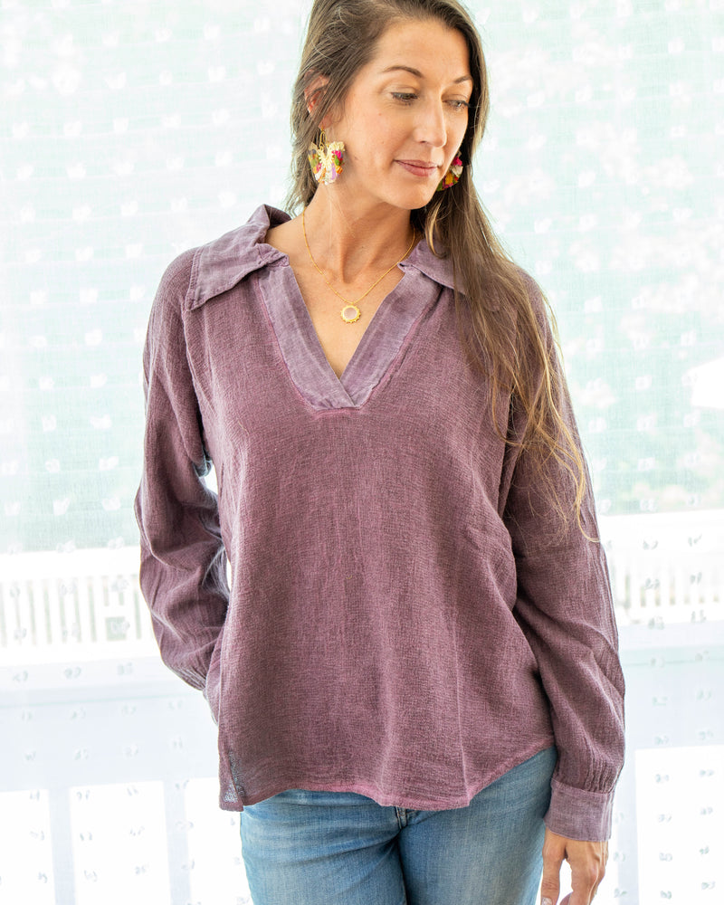 Plum Cotton V-Neck Pullover Shirt