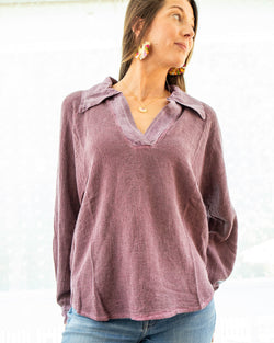 Plum Cotton V-Neck Pullover Shirt