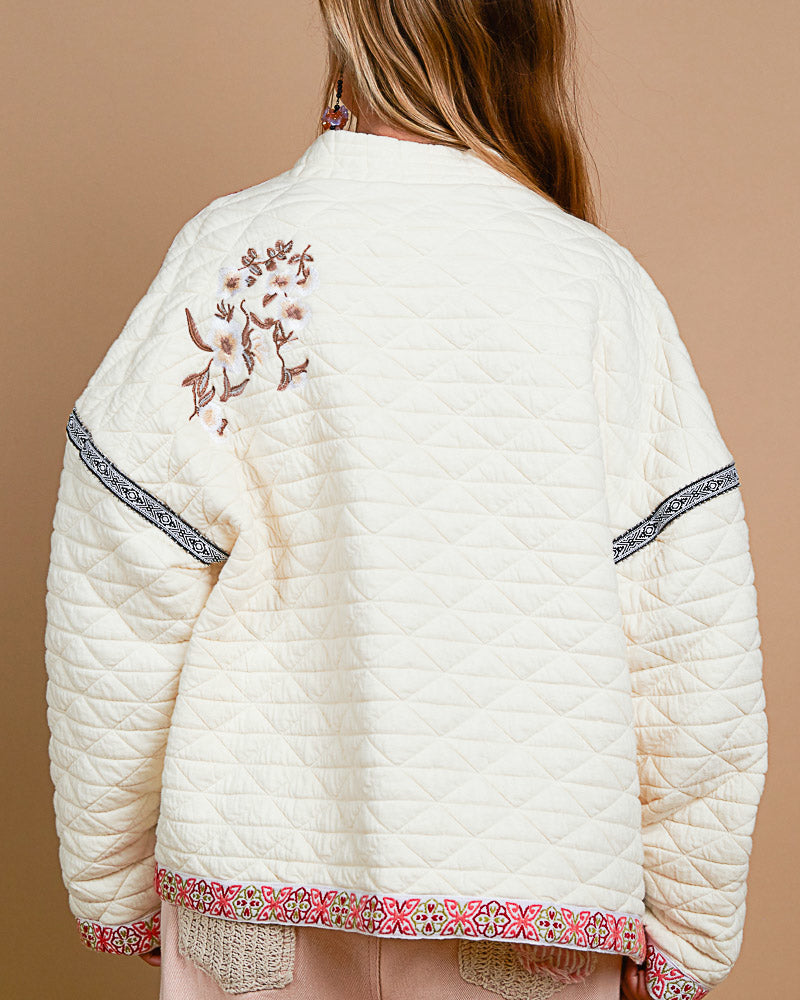 Ivory Quilted Jacket with Embroidery and Ribbon Trim