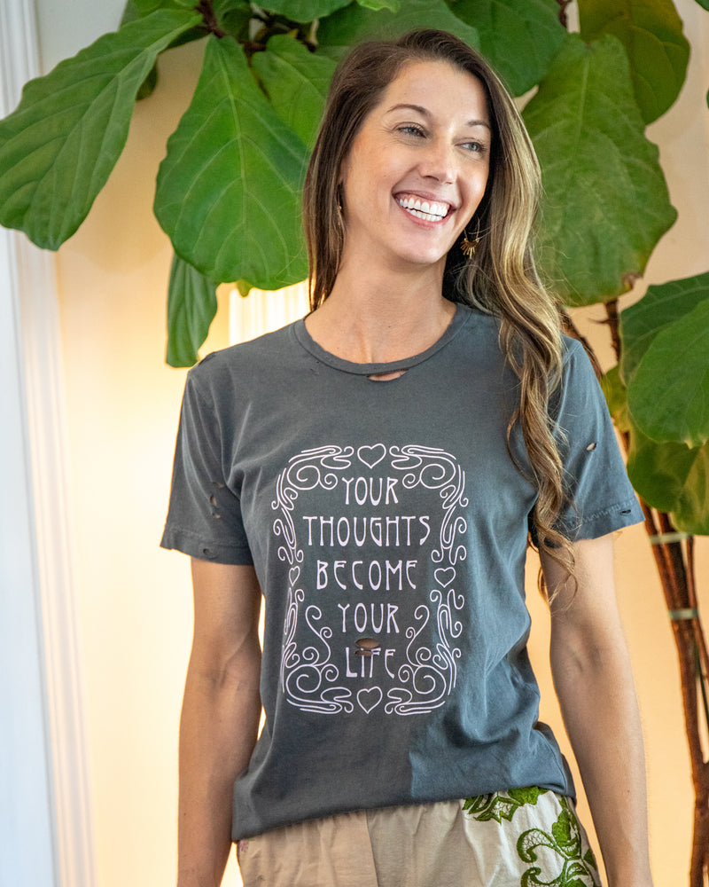 Your Thoughts Become Your Life - Distressed Black Cotton Unisex Tee