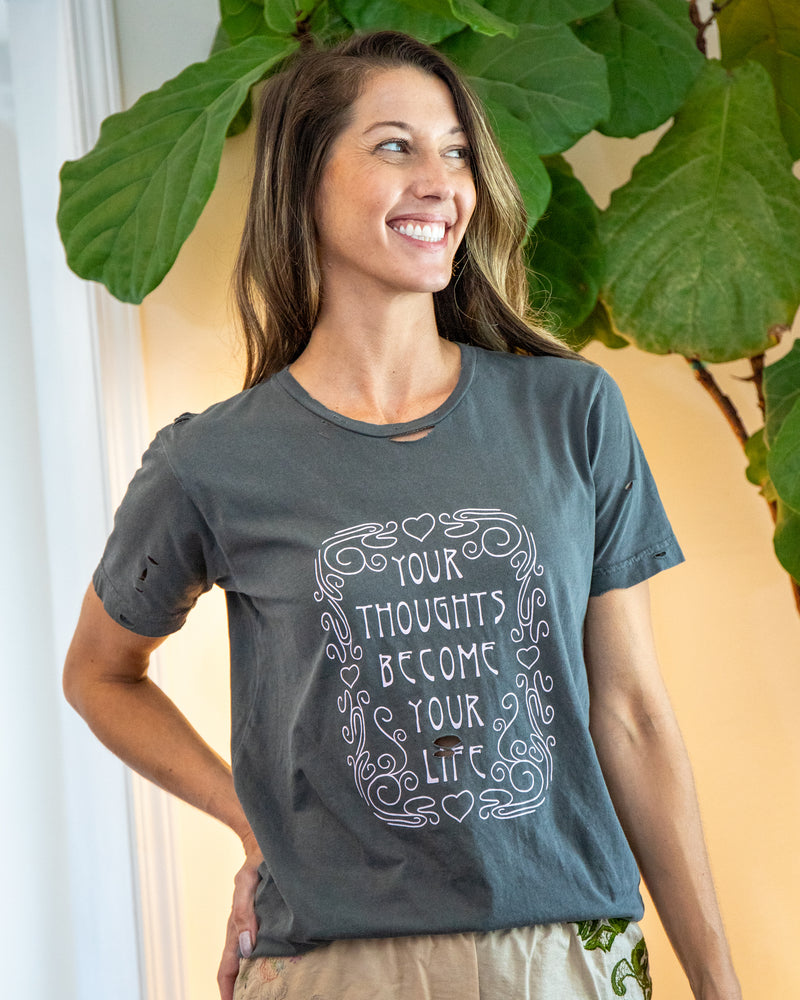 Your Thoughts Become Your Life - Distressed Black Cotton Unisex Tee