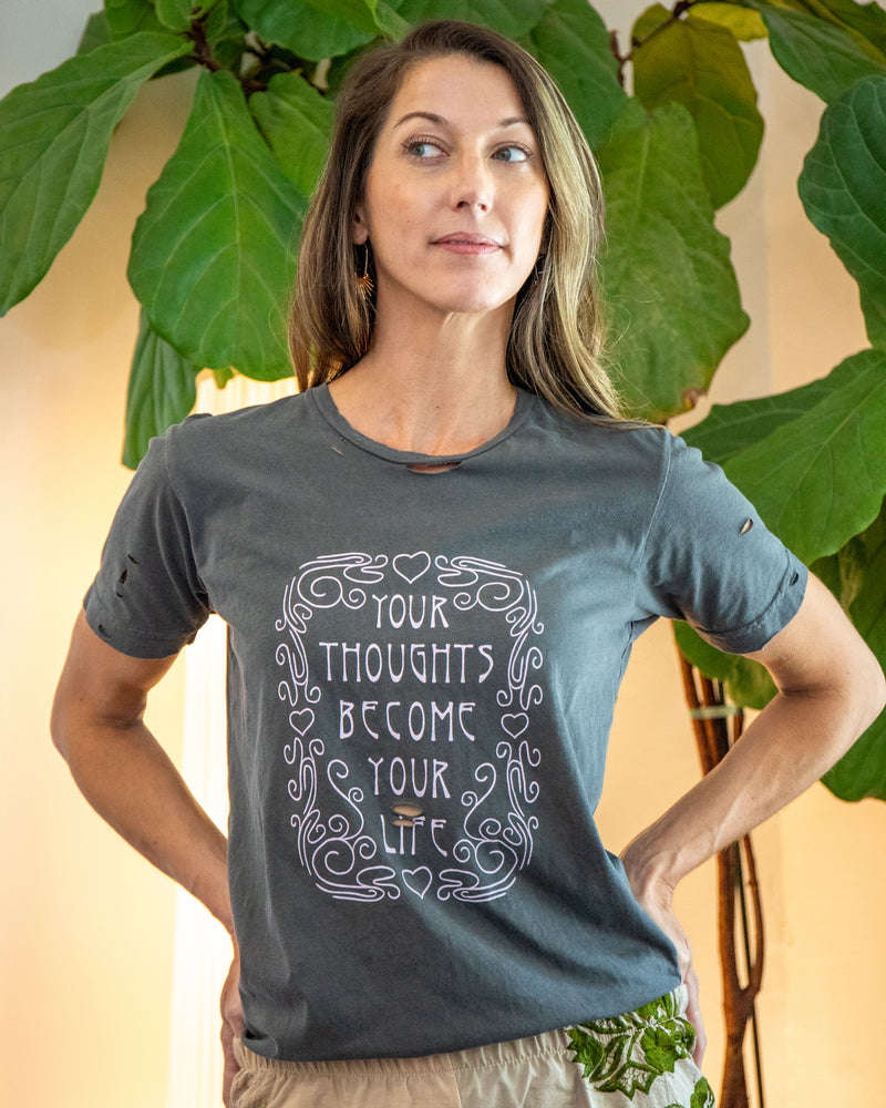 Your Thoughts Become Your Life - Distressed Black Cotton Unisex Tee