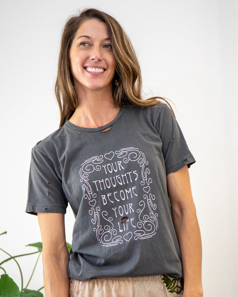 Your Thoughts Become Your Life - Distressed Black Cotton Unisex Tee