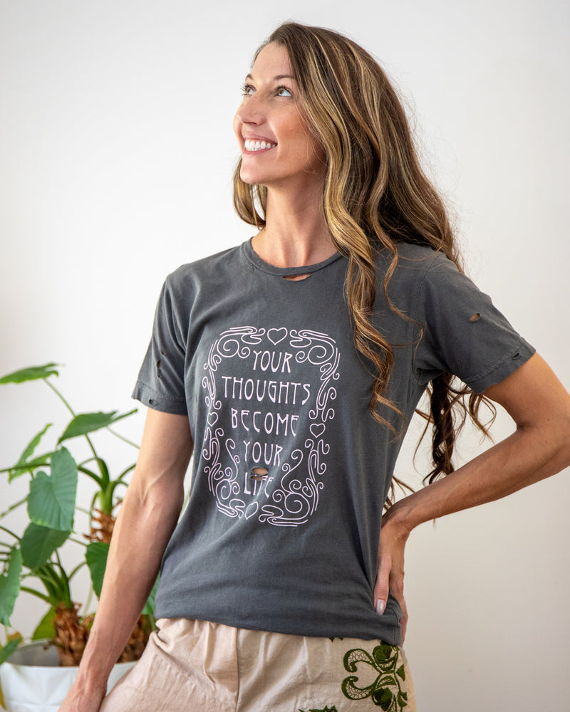 Your Thoughts Become Your Life - Distressed Black Cotton Unisex Tee