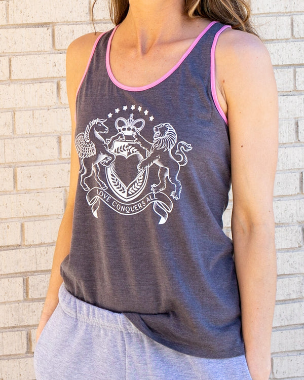 Love Conquers All - Grey & Pink Tank