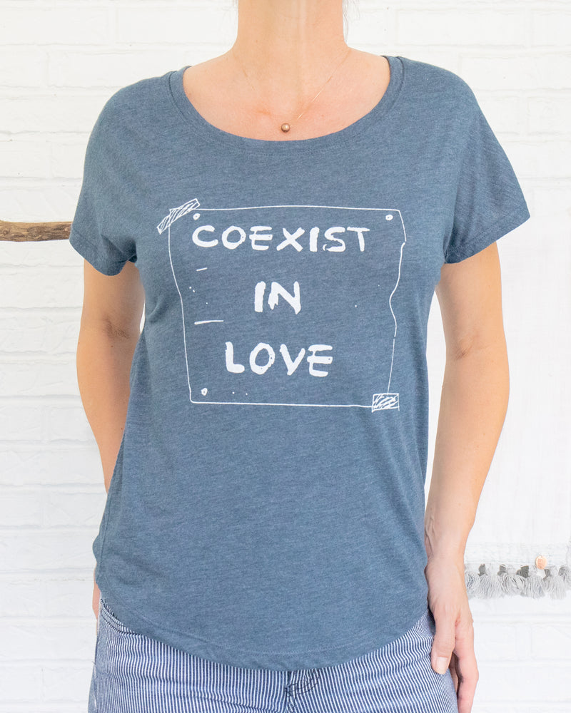 Coexist in Love -  Wide Neck Indigo Graphic Tee