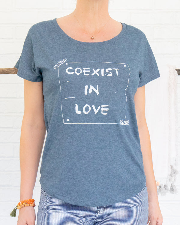 Coexist in Love -  Wide Neck Indigo Graphic Tee