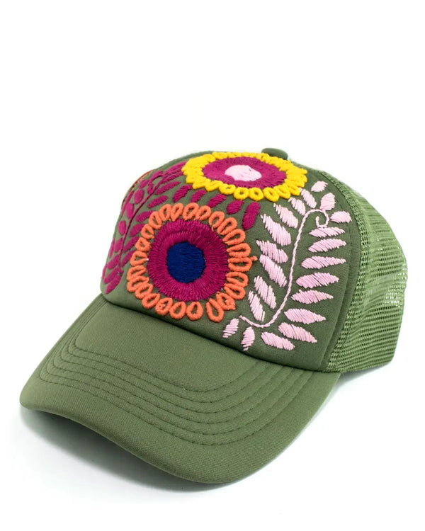 Hand Embroidered Floral Trucker Hat