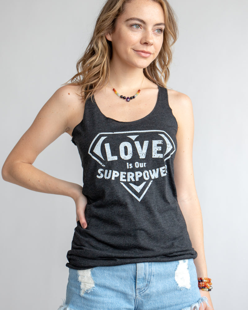 Love Is Our Super Power ~ Black Racer Back Tank