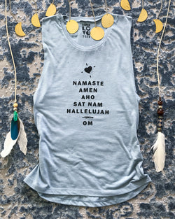 Namaste, Amen....Om - Heather Blue Muscle Tee