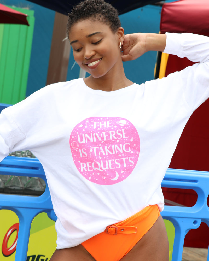 THE UNIVERSE IS TAKING REQUESTS  -  WHITE Cotton Unisex Long Sleeve Tee