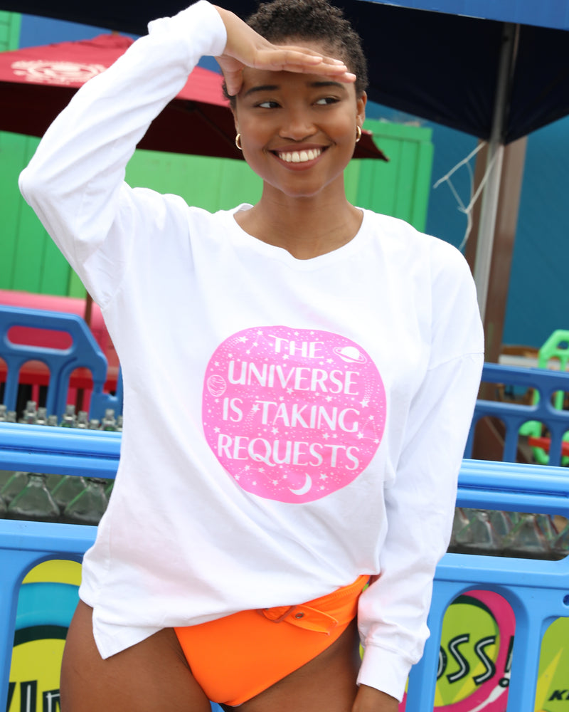 THE UNIVERSE IS TAKING REQUESTS  -  WHITE Cotton Unisex Long Sleeve Tee