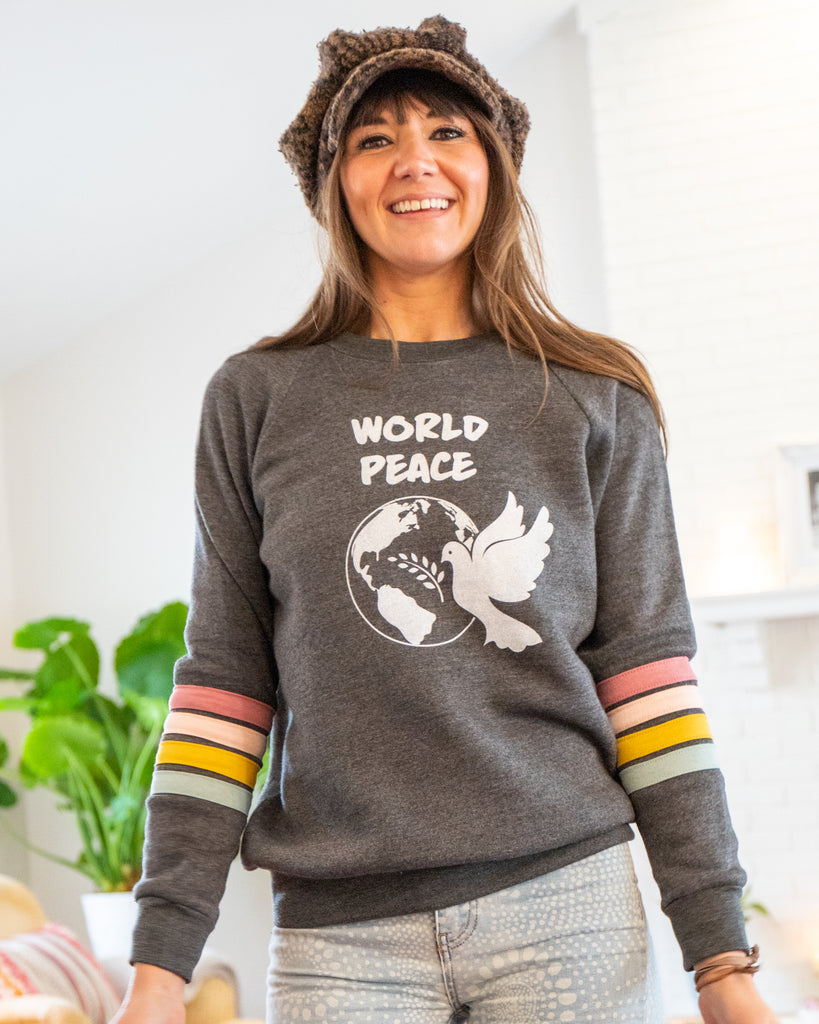 World Peace Sweatshirt w/ Stripes – SuperLoveTees | Graphic Tees